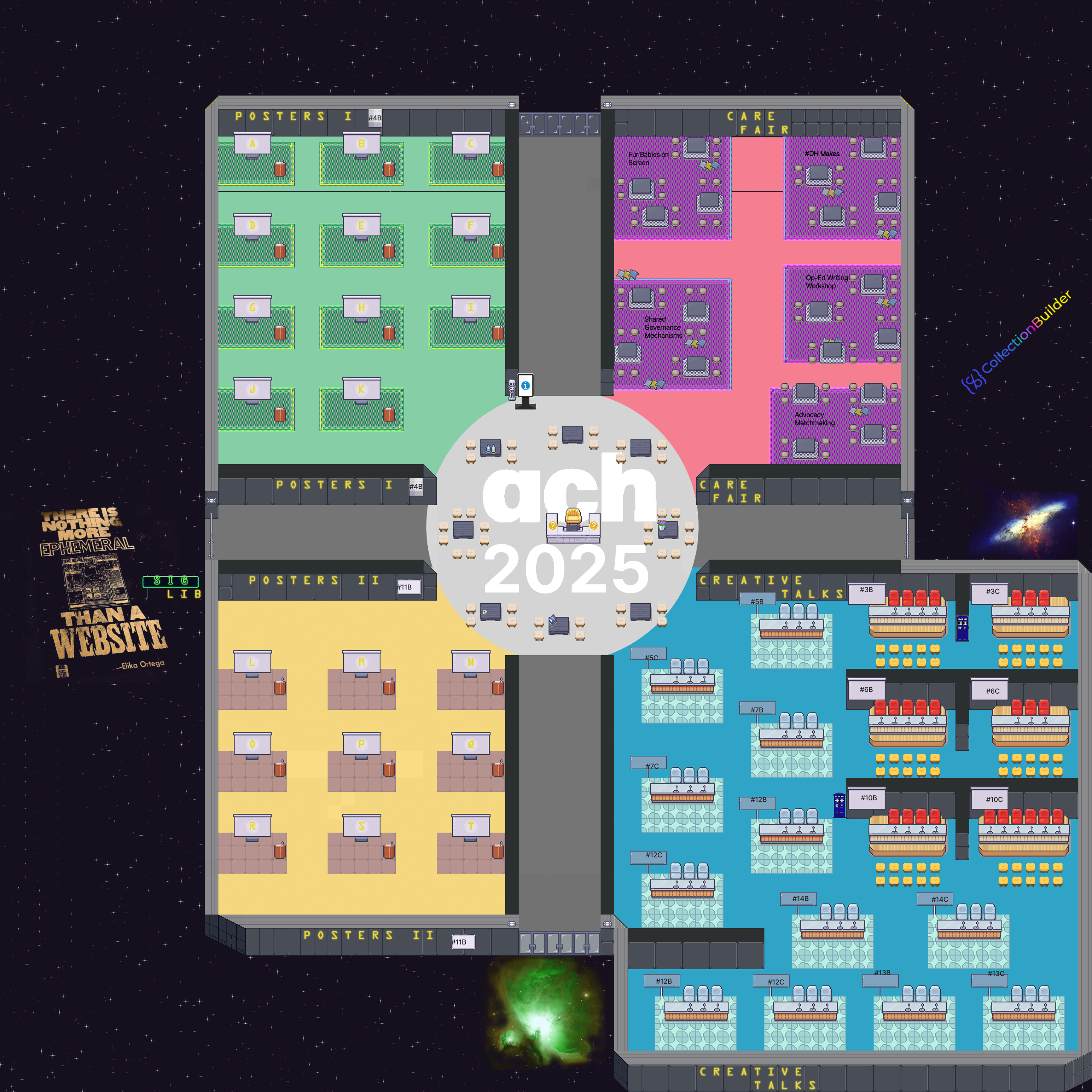 Screenshot of Work Adventure showing a poster session with avatars and posters displayed on the walls
